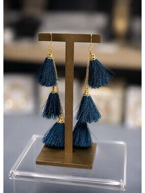 Chicos Earrings Dark Green Tassel Charms 4.5" Drop Dangle Boho Fairy Festive NEW